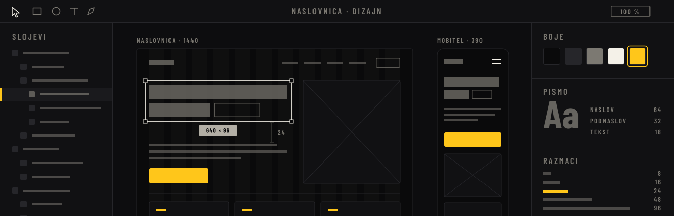 Web dizajn naslovnice u alatu za dizajn: slojevi, stranica na računalu i mobitelu, paleta boja, pismo i razmaci
